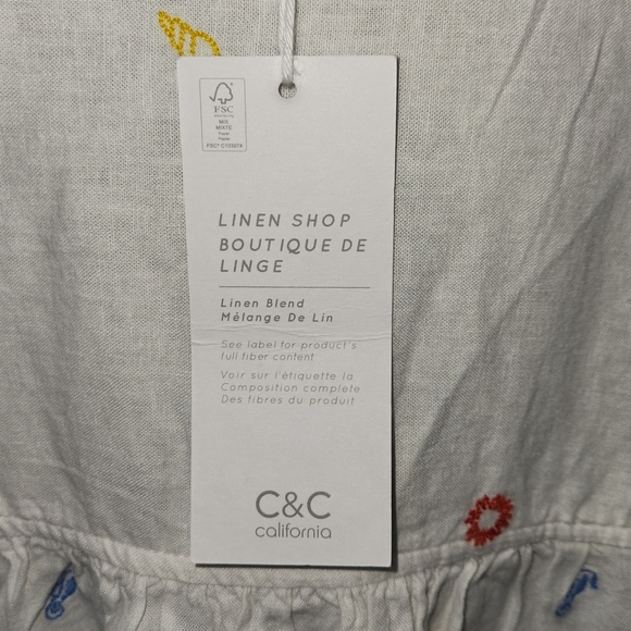 NWT C&C California White Linen Blend Blouse Colorful Embroidered Beach Accents - Picture 9 of 14